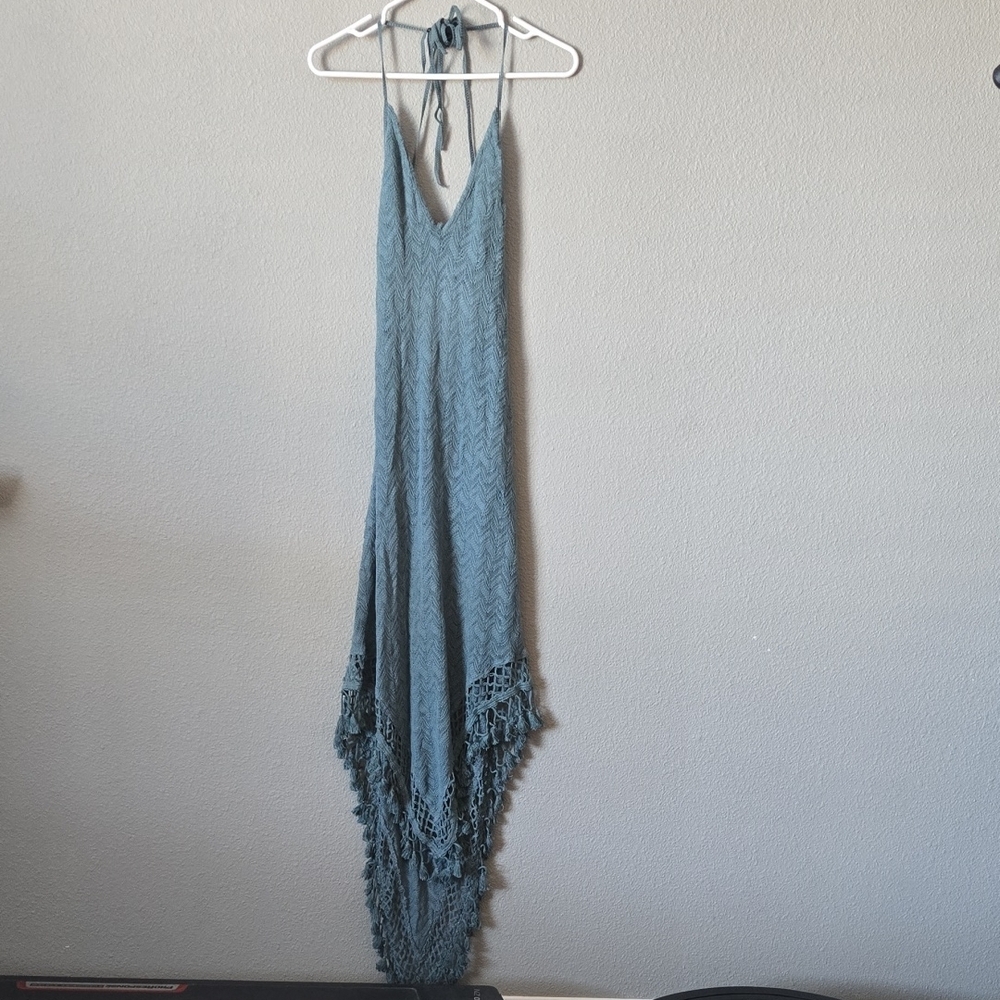 Blue Halter Neck Dress with Fringe Size S/M